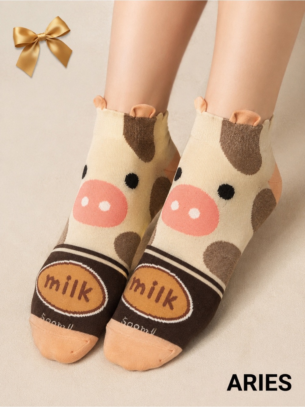 ARIES Korea Milk Cow Novelty Ankle Socks NWT Women’s 22-26 cm/US Women’s 5–10